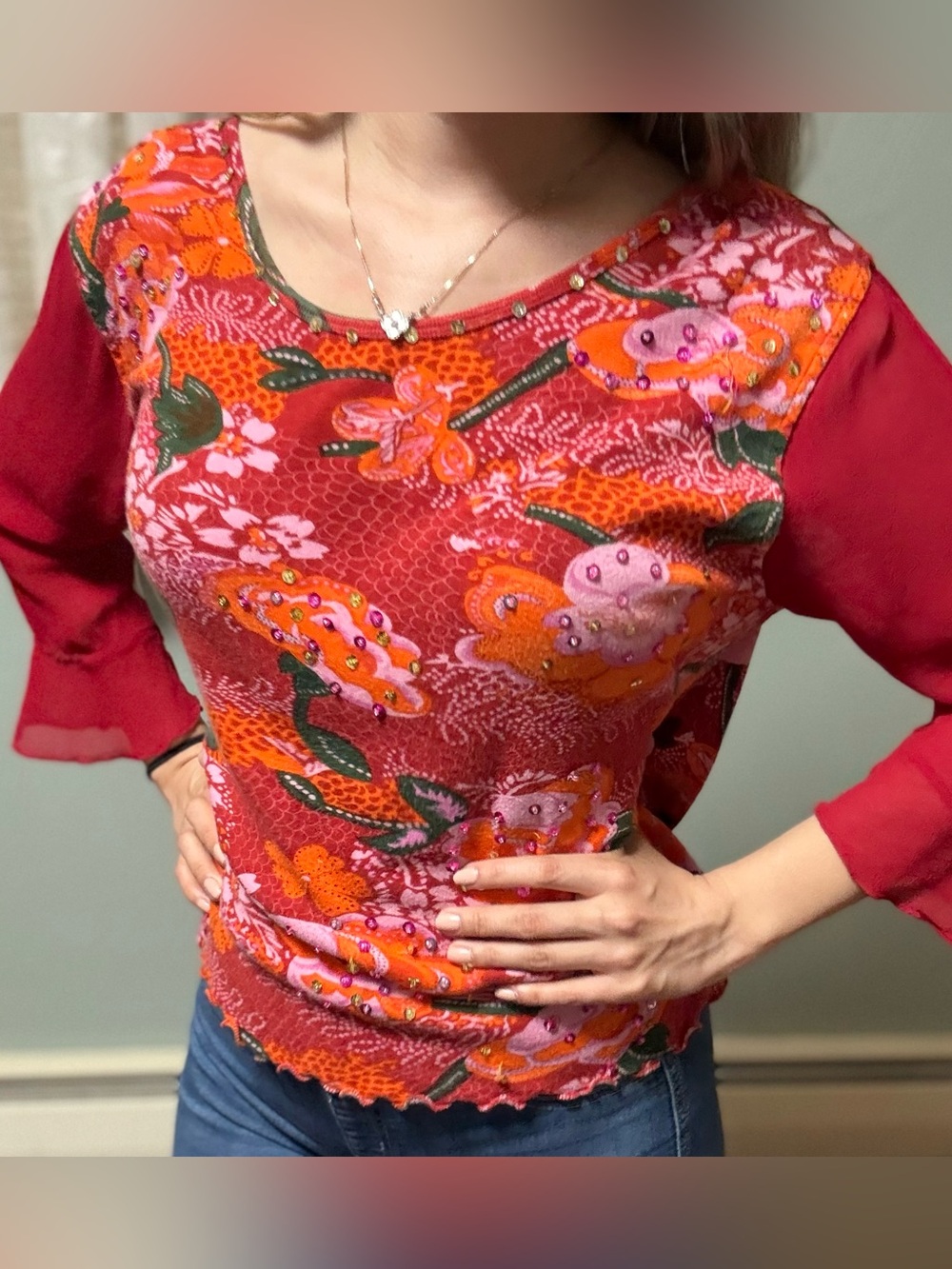 Red Floral Beaded Scoop Neck Top